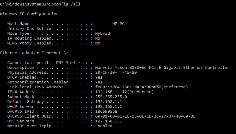 ipconfig /all